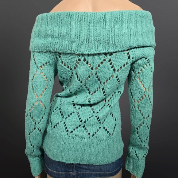 Y2K Groggy Off Shoulder Sweater Size S Green Long Sleeve Fairy Boho Wool Blend - Picture 3 of 9